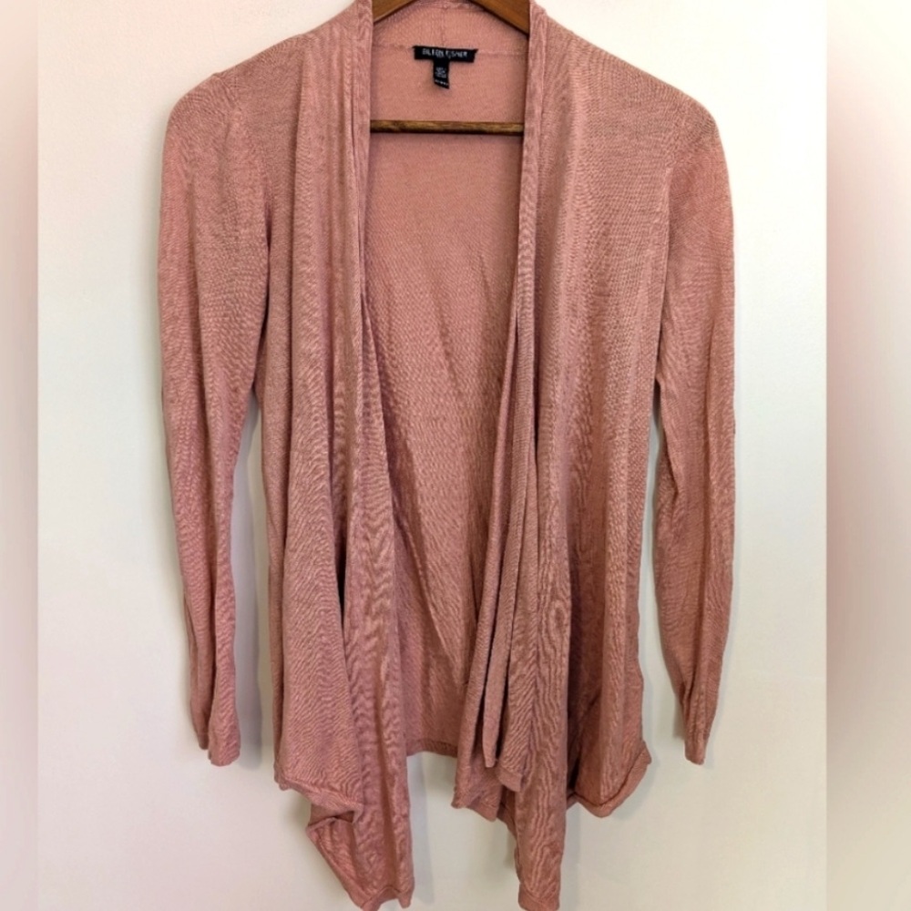 EILEEN FISHER Rose Pink Silk Linen Knit Drap Open Front Cardigan Sweater